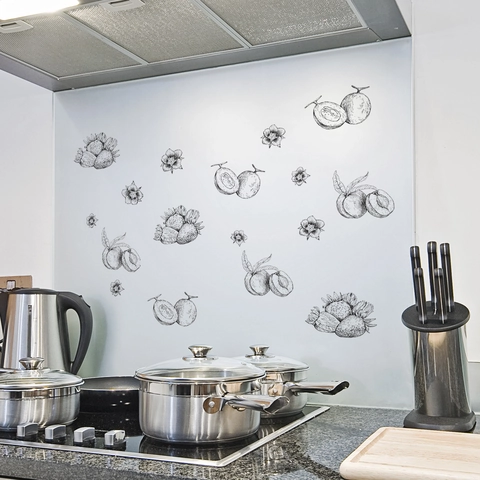 Pegatinas De Pared De Frutas Fresa Melocotón Dibujadas A Mano Estilo Boceto PVC Autoadhesivo Decoración Para Cocina Nevera