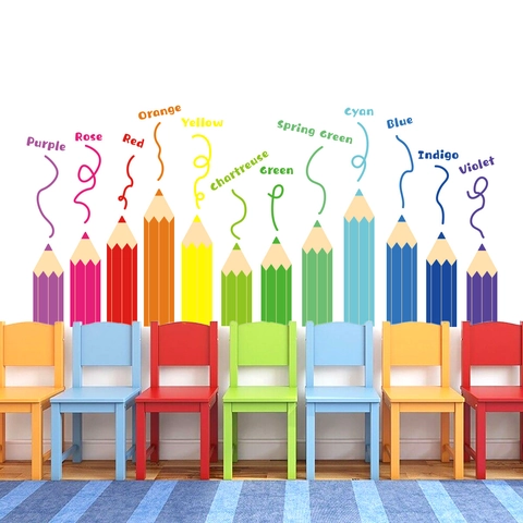 Rainbow Crayon Wall Stickers PVC Self Adhesive Educational Color Names Decals For Kids Room Bedroom Nursery Decor Colorful