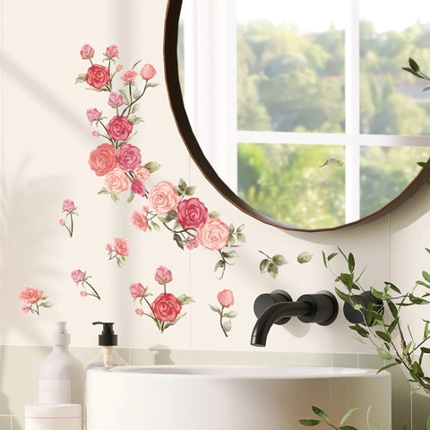 Watercolor Rose Flower Wall Stickers PVC Self-Adhesive Floral Decals For Bedroom Living Room Bathroom Home Decoration