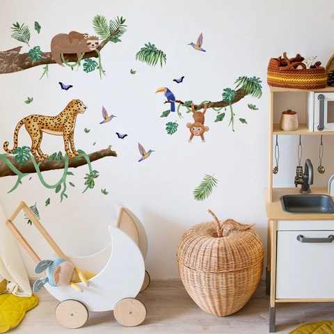 Cartoon Jungle Dieren Muurstickers PVC Zelfklevend Tropisch Regenwoud Decoraties Voor Kinderkamer
