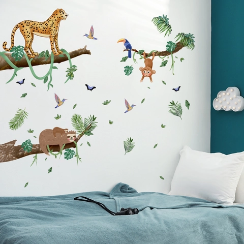 Cartoon Jungle Dieren Muurstickers PVC Zelfklevend Tropisch Regenwoud Decoraties Voor Kinderkamer