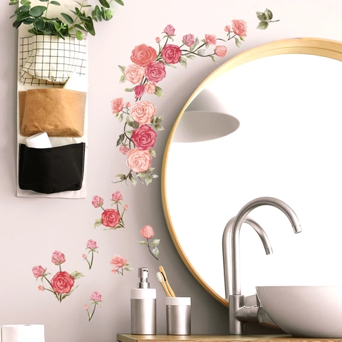 Watercolor Rose Flower Wall Stickers PVC Self-Adhesive Floral Decals For Bedroom Living Room Bathroom Home Decoration