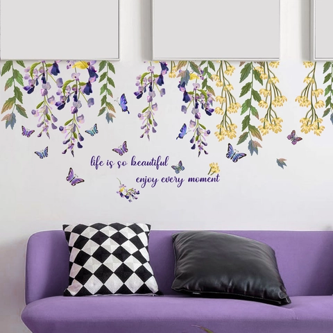 Florale Schmetterling Wandaufkleber PVC Abnehmbare Blauregen Blüte Rebe Wandtattoos Für Wohnzimmer Schlafzimmer Deko