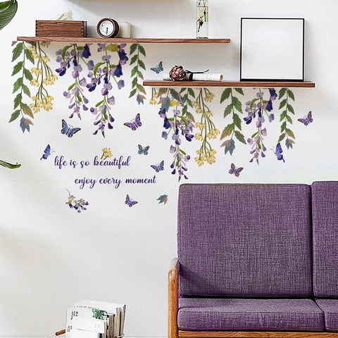 Florale Schmetterling Wandaufkleber PVC Abnehmbare Blauregen Blüte Rebe Wandtattoos Für Wohnzimmer Schlafzimmer Deko