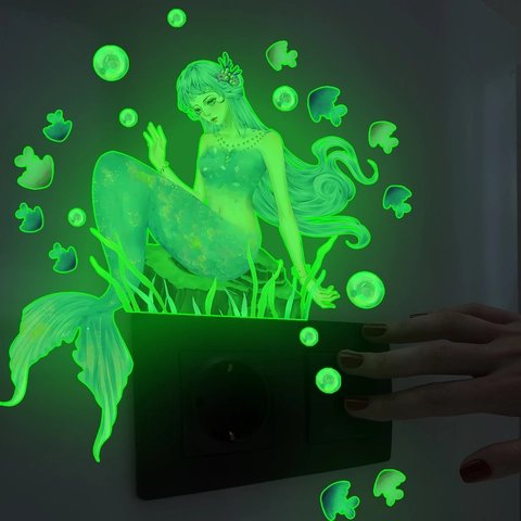 Zeemeermin Lichtgevende Muursticker Glow In The Dark Schakelaar Decor Voor Kinderkamer PVC Waterdicht Verwijderbare Zeemeermin Decor
