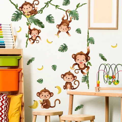 Adesivi Murali Scimmia Cartone Animato PVC Autoadesivi Animali Giungla Foglie Tropicali Decorazione Cameretta DIY