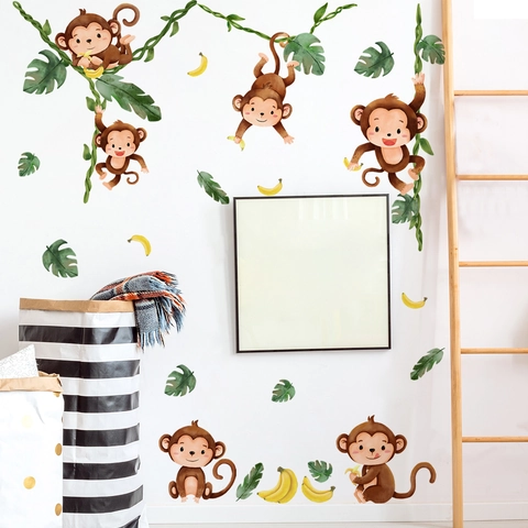 Adesivi Murali Scimmia Cartone Animato PVC Autoadesivi Animali Giungla Foglie Tropicali Decorazione Cameretta DIY
