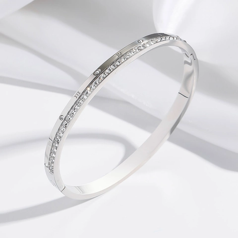 Bracciale Rigido In Acciaio Inossidabile Per Donna Numeri Romani Zircone Intarsiato Moda Semplice Bracciale A Cerniera