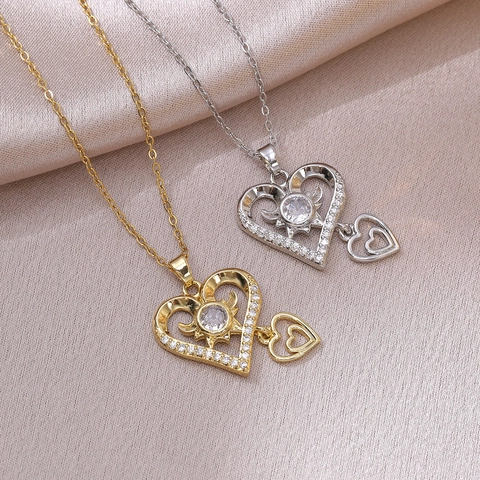 Elegant Heart Pendant Necklace Zircon Rhinestone Inlay Hollow Double Heart Design Titanium Steel Copper For Women