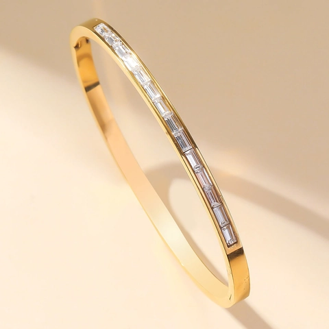 Baguette Cut Cubic Zirconia Stainless Steel Bangle Gold Plated Elegant Minimalist Fashion Bracelet For Women