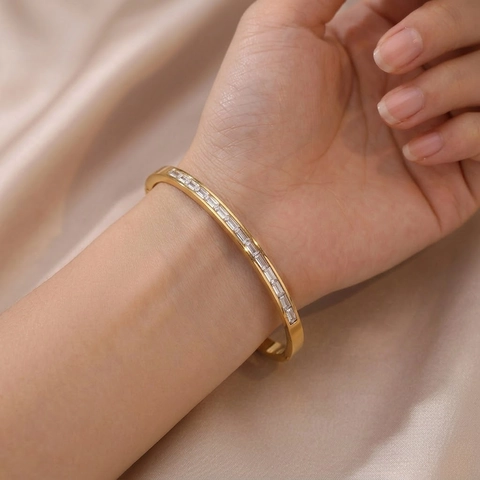 Baguette Cut Cubic Zirconia Stainless Steel Bangle Gold Plated Elegant Minimalist Fashion Bracelet For Women