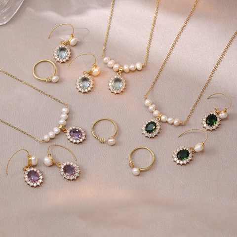 Vintage Floral Gemstone Pendant Necklace Earrings Ring Titanium Steel Zircon Freshwater Pearl Luxury Elegant Women Accessory