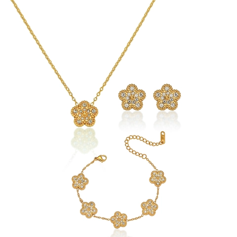 Sieraden Met Vijf Bloemblaadjes Titaniumstaal Zirkonia Ketting Armband Oorbellen 18K Verguld Dames Elegant