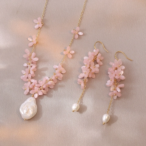 Titanium Steel Freshwater Pearl Flower Jewelry Set Elegant Pink Rhinestone Baroque Pearl Drop Necklace Earrings Gift For Women Party