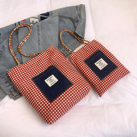 Bolso Tote Vintage De Lona Denim A Cuadros Gingham Reversible Color Contrastado Bolso De Hombro Con Asa Trenzada Colorida