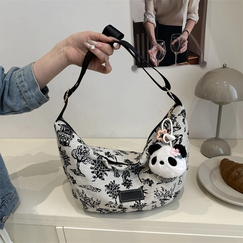 Women Vintage Canvas Crossbody Bag Toile De Jouy Print Half Moon Hobo Bag Large Capacity Shoulder Bag With Panda Charm