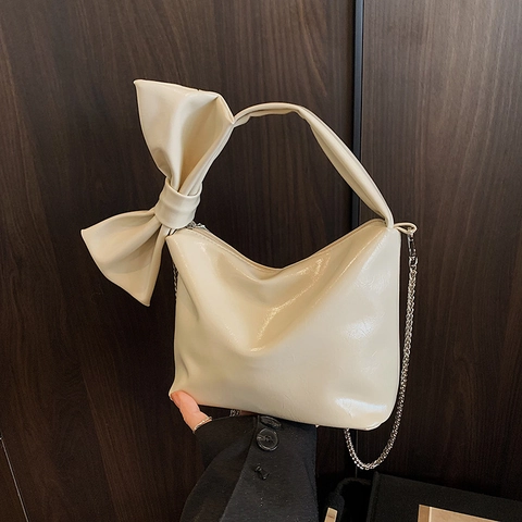 Damen Glänzende PU Leder Schleife Handtasche Mode Kette Schultertasche Süße Pendler Hobo Tasche Handtasche Geldbörse