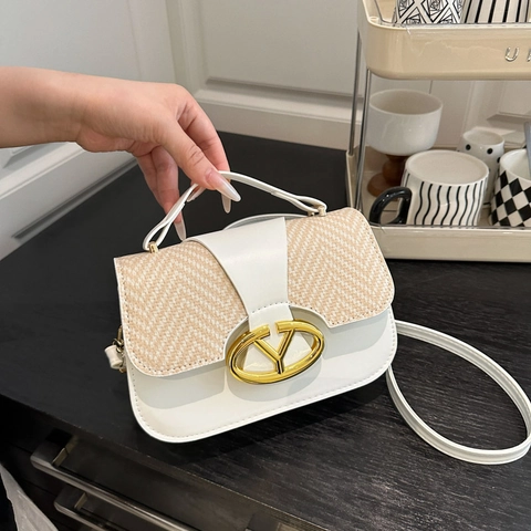 Borsa A Tracolla Patchwork Da Donna Pelle PU Tessuta Fibbia Dorata Manico Vintage Casual Spalla Mano