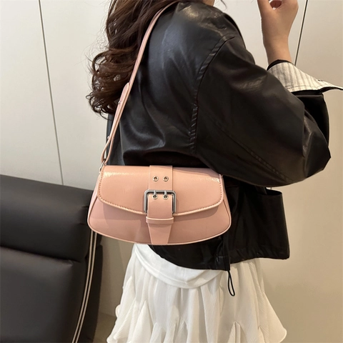 Bolso de Axila de Cuero PU Vintage para Mujer Color Sólido Decoración de Hebilla de Cinturón Bolso de Hombro Retro