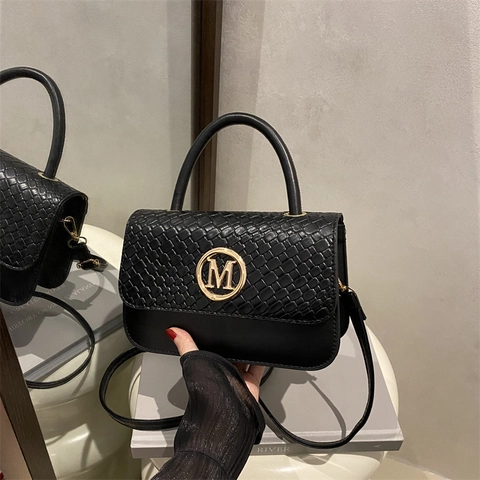 Women Fashion PU Leather Shoulder Bag Metal M Letter Logo Square Crossbody Bag Woven Texture Flap Handbag For Ladies Casual Daily Use Purse