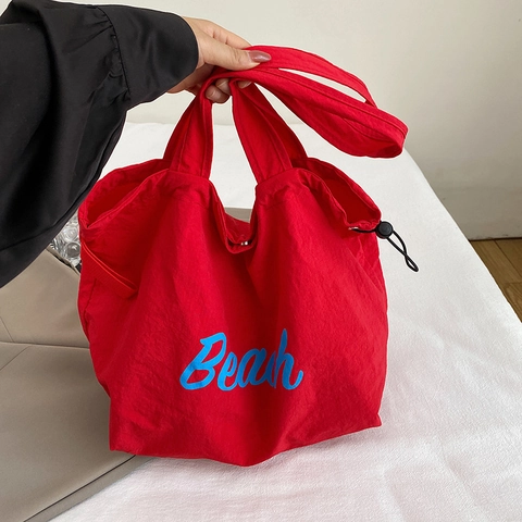 Women Casual Washed Fabric Tote Bag Large Capacity Drawstring Shoulder Bag With Beach Letter Print Street Trend Handbag