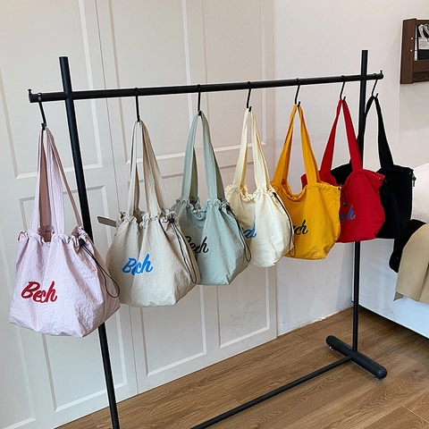 Women Casual Washed Fabric Tote Bag Large Capacity Drawstring Shoulder Bag With Beach Letter Print Street Trend Handbag