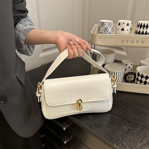 Borsa Baguette Da Donna In Pelle PU Minimalista Retrò Francese Borsa A Spalla Sottobraccio Con Fibbia In Metallo Dorato