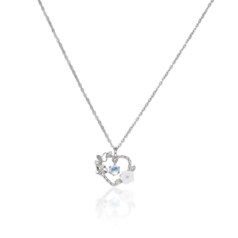 Stainless Steel Heart Butterfly Necklace For Women Elegant Blue Faux Moonstone Shell Flower Pendant Zirconia Clavicle Chain