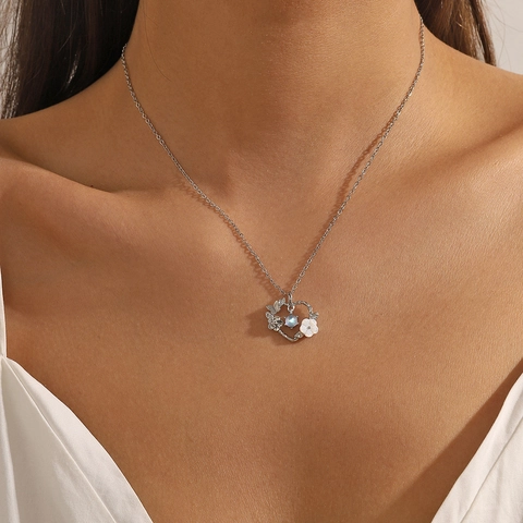 Stainless Steel Heart Butterfly Necklace For Women Elegant Blue Faux Moonstone Shell Flower Pendant Zirconia Clavicle Chain