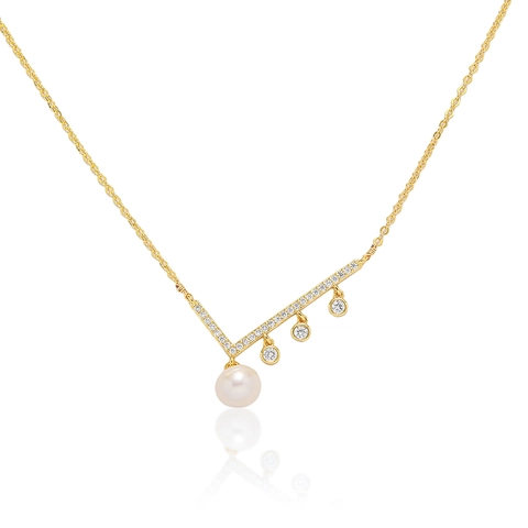 Elegante Collana Ciondolo V Acciaio Inossidabile Placcato Oro Con Perla D'acqua Dolce E Ciondoli Zircone Gioielli Retro Francesi Donne