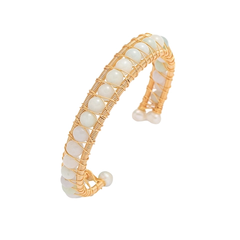 Draadgewikkelde Armband Bangle Koper Natuursteen Zoetwaterparel Open Verstelbaar Elegante Minimalistische Sieraden Voor Dames