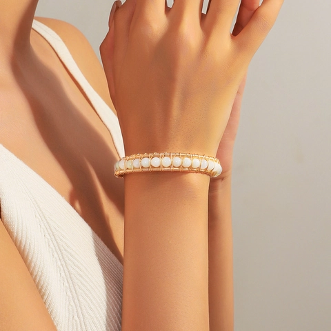 Draadgewikkelde Armband Bangle Koper Natuursteen Zoetwaterparel Open Verstelbaar Elegante Minimalistische Sieraden Voor Dames