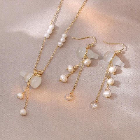 Collier Et Boucles D'oreilles Pendentif Gourde Hulu Avec Perle D'eau Douce Pierre Oeil De Chat Style Ethnique Pour Femmes