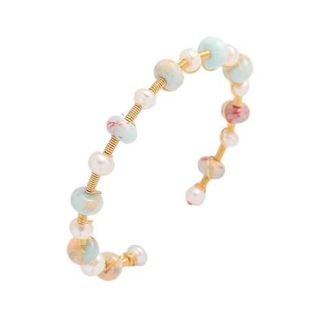 Brazalete Abierto De Perlas De Agua Dulce Y Piedra Shoushan Hilo De Cobre Dorado Envuelto Pulsera Elegante Joyería Hecha A Mano