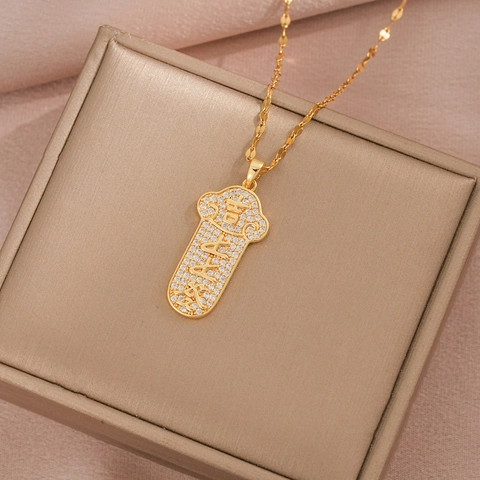 Vintage Stainless Steel Ruyi Lock Pendant Necklace Shiny Zircon Inlaid Good Luck Sign Jewelry Gift For Women