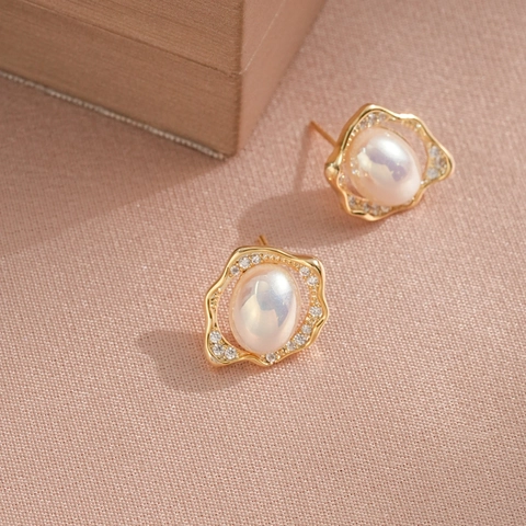 Pendientes De Cobre Con Onda Irregular Vintage Con Perla Artificial De Concha Y Circonita Y Poste De Plata Para Mujer Diario