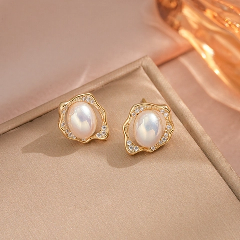 Pendientes De Cobre Con Onda Irregular Vintage Con Perla Artificial De Concha Y Circonita Y Poste De Plata Para Mujer Diario