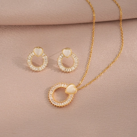 Herz Anhänger Halskette Und Ohrstecker Schmuck Edelstahl Vergoldet Zirkonia Eleganter Stil Damen