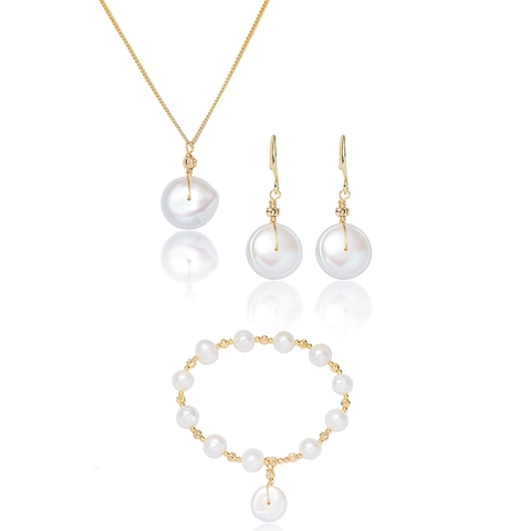 Natural Freshwater Pearl Jewelry Set For Women Baroque Pendant Necklace Gold Plated Copper Earrings Bracelet Palace Style Gift