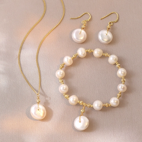 Natural Freshwater Pearl Jewelry Set For Women Baroque Pendant Necklace Gold Plated Copper Earrings Bracelet Palace Style Gift