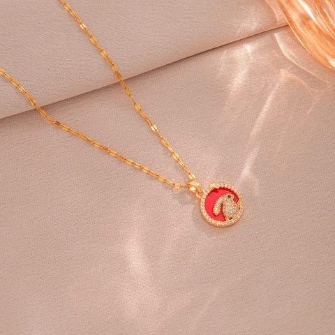 Collana Pendente Coniglio Acciaio Titanio Smalto Rosso Zircone Zodiaco Animale Gioielli Donne Moda Lusso Accessoire