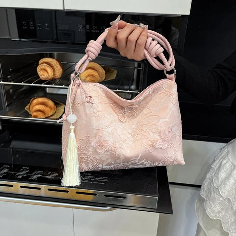 Butterfly Embroidery Lace Tote Bag For Women Chic Tassel Shoulder Bag Retro Underarm Handbag With Knot Strap Elegant Daily Commute Bag