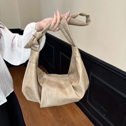Bolso De Hombro Hobo Grande Cuero PU Suave Plisado Retro Casual Bandolera Con Correa Anudada Cierre De Cremallera Mujeres