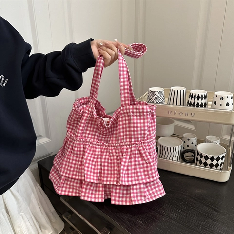Damen Gingham Rüschen Tote Bag Große Kapazität Süßer Stil Baumwollmischung Schultertasche Mit Gestuften Rüschen Und Kordelzug