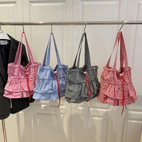 Damen Gingham Rüschen Tote Bag Große Kapazität Süßer Stil Baumwollmischung Schultertasche Mit Gestuften Rüschen Und Kordelzug