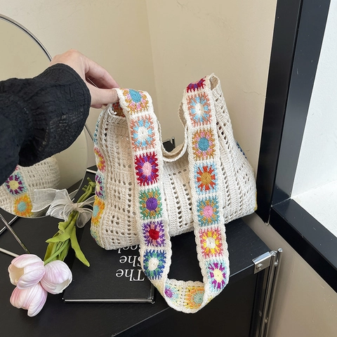 Borsa a Spalla in Cotone Fatta a Mano all'Uncinetto Bohemian Girasole Borsa Tote in Maglia Traforata per Donna Vacanza in Spiaggia Borsa Hobo Casual