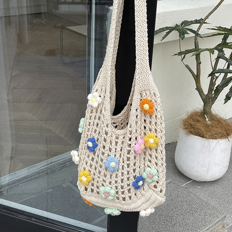 Women Hollow Woven Tote Bag With 3D Crochet Flowers Casual Handmade Knit Shoulder Bag For Vacation Beach Fashion Bag