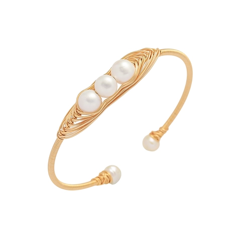 Bracciale Polsino Con Künstliche Perle Elegante Rame Placcato Oro Filo Avvolto Aperto Regolabile Gioielli Moda Donna Accessori Mano Chic
