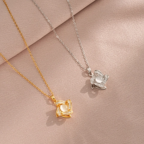Stainless Steel Rotating Flower Necklace Cat Eye Stone Zirconia Inlaid Rotatable Windmill Pendant Necklace For Women Elegant Jewelry