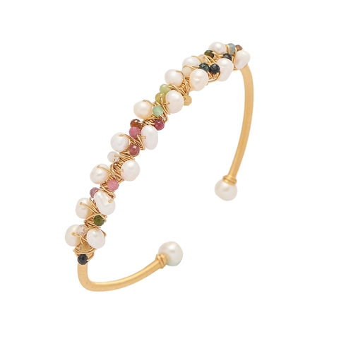 Copper Bangle Bracelet With Artificial Baroque Pearls And Colorful Tourmaline Beads Handmade Wire Wrapped Open Cuff For Women